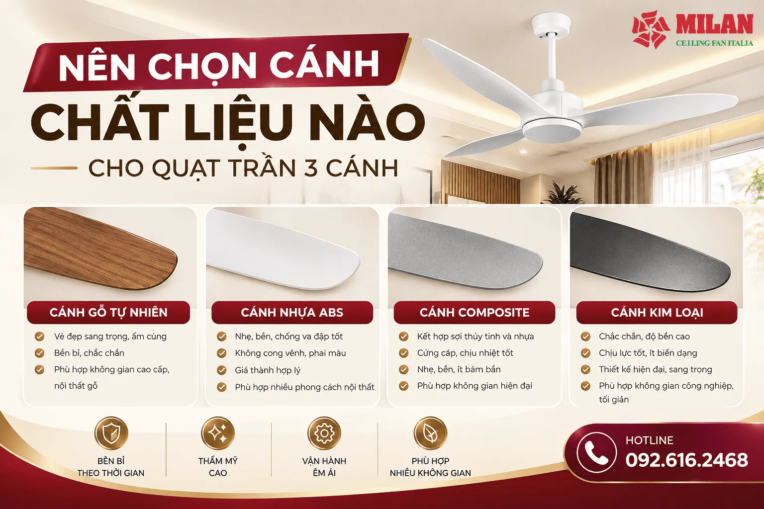 chọn chất liệu cánh cho quạt trần 3 cánh 